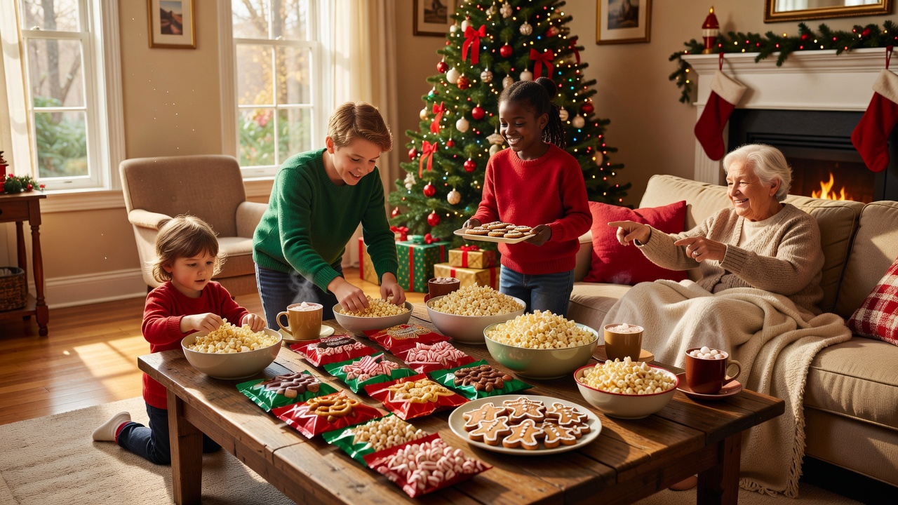 A family of different ages arranging snacks for a Christmas film in a sunlit living room