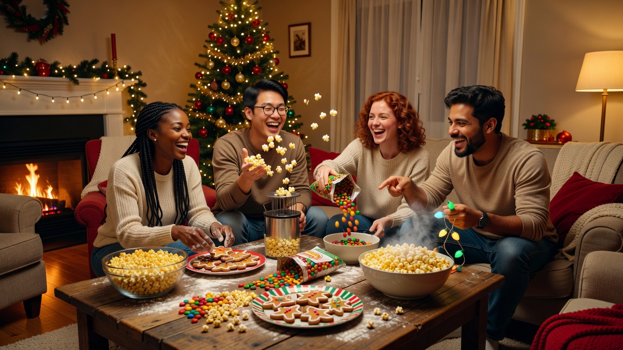Friends sharing snack preparation before a Christmas comedy evening