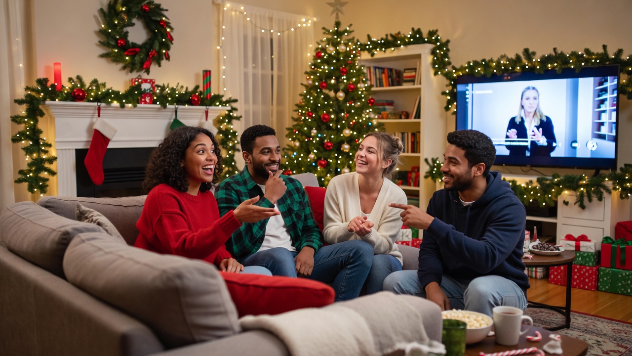 Friends discussing what to watch together in a living room with festive decorations