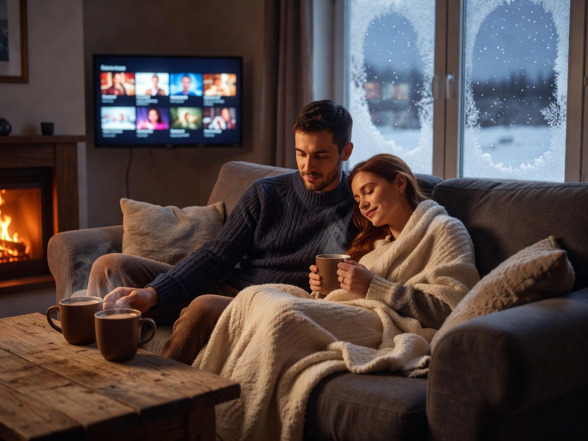 A couple sharing warm drinks on a sofa in a naturally lit winter living room